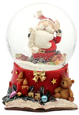 Dekohelden24 Stor snöboll, jultomte med fjäder och önskelista, med ljud, på omsorgsfullt dekorerad bas, mått L/B/H: 10 x 10 x 14 cm kula Ø 10 cm