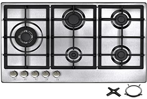 Phönix PS-901LT Einbau Gaskochfeld Edelstahl Kochfeld Gaskocher 5 Kochplatten autark (freistehend- / Einbau- Gaskochfeld) inkl. WOK-Aufsatz + Gasherdkreuz