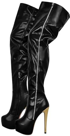 blingqueen Damen Overknee Stiletto Stiefel Plateau Schwarz Kunstleder 41 EU