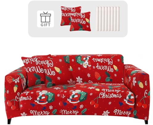Lydevo Funda de Sofá Navideña 3 Plazas Protector de Sofá Universales con 2 Fundas de Cojín Cubre Fundas de Sofá Ajustables con Brazos Antideslizante Lavable Protector,Navidad Cereza