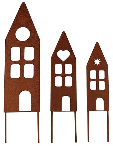 Deko Kind - Rostiges Häuser 3er Set - Premium Edelrost Qualität - Wetterbeständig - Rost Gartenstecker - Metallhaus - Wanddeko - Rost Deko - Hausdeko - Häuser zum Stecken