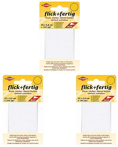 Kleiber 43074 Flick + fertig Selbstklebender Nylon Ausbesserungsflicken, 100% Polyamid, weiß 25 x 5,8 x 0,02 cm, (145 cm²) (Packung mit 3)