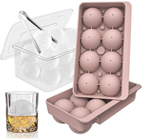 WIBIMEN Large Ice Cube Molds, Big Round Whiskey Ice Cube Trays for Freezer, Easy to Fill & Release, Whiskey Bourbon Cocktail(2.5In*8 Balls- Pink/2 Pack)