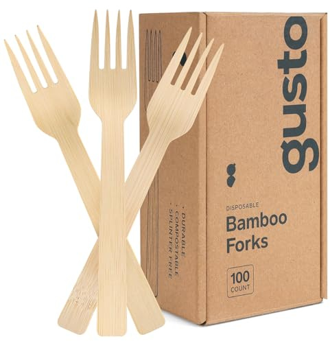GUSTO [100 Count] Natural Bamboo Disposable Forks - Biodegradable and Eco-Friendly Utensils for Outdoors, Parties, and Events