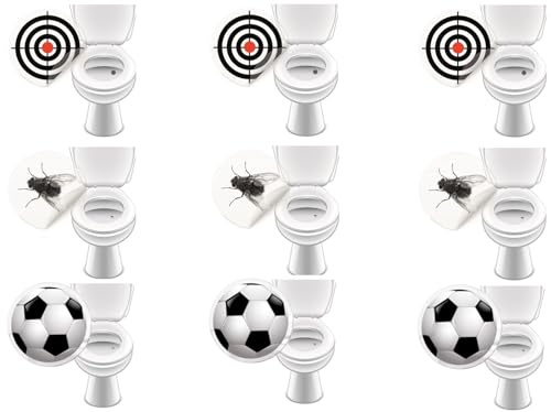 Lot de 9 autocollants de toilettes pour toilettes pub, gastronomie, hôtel, école, toilettes propres, autocollants (3 autocollants Bullseye, football, nœud papillon), diamètre 20-30 mm