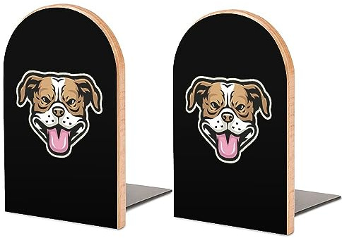 Buchstützen aus Holz mit lächelndem Pitbull-Kopf rutschfest Buchhalter Buchstützen Bücherregal Buchstopper für Zuhause Büro dekorativ