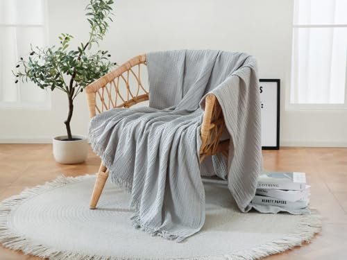 Coastline 100% Cotton Waffle Weave Blanket Throw with Fringe,Pre-Washed Soft Cozy,Lightweight Breathable Blanket Throw for Couch Bed Sofa（Silver,150x200cm）