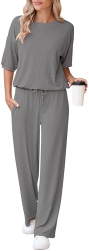 AOHITE 2-teiliges Damen-Outfits, Lounge-Set, kurzärmelig, Pullover, Tops, elastisch, weites Bein, Jogginganzug, Trainingsanzug, Grau, XL