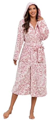 RONGTAI Bata de baño con capucha y estampado de leopardo para mujer, material de forro polar largo y grueso con bolsillo, ligeramente lujoso, Rosado, XL