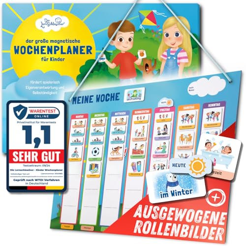 DIE LERNSCHLAWINER® - Premium Montessori Wochenplaner für Kinder – 100% Baumwoll-Sammelbeutel, über 200 Magnete, - beschreib-und abwischbar - bezaubernd illustriert