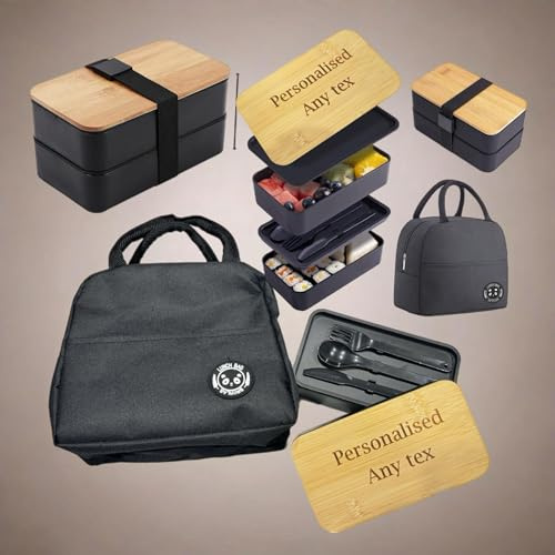 Personalised 2 Layer Lunch Container with Bamboo Lid Bento Box for Adults or Kids with Lunch Bag - Sustainable and Multifunctional Food Storage customised lunch box Engrave any name logo or text