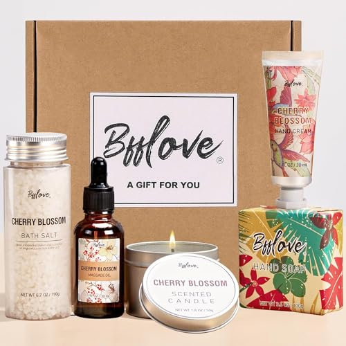 Coffret Cadeau Femme avec Fleur de Cerisier, 5Pcs Coffrets Cadeaux Bain , Sel de Bain, Crème pour Les Mains, Solide Sakura, Cadeau de Fête des Mères, Cadeau d'anniversaire