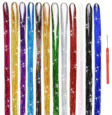 Hair Tinsel Glitzer Haarsträhnen Haar Lametta 2400 Strands 119 cm Tinsel Hair Extensions Kit with Zughaken Nadel (12 Colors）