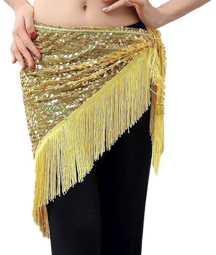 YNZUNMY Bauchtanz Hüfttuch,Bauchtanz,Bauchtanz Gürtel 16 Farben Bauchtanz Kleidung Zubehör Lange Quaste Dreieck Gürtel Bauchtanz Hüfte Schal Pailletten Hüftgürtel for Frauen(Gold)