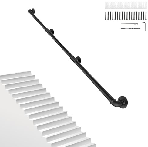 8FT/2.4M Pipe Stair Handrail Metal Railing Staircase Handrails Wall Mount Non-Slip Safety Stair Rail Outdoor Indoor Industrial Pipe Handrail Black Step Baluster Handrail