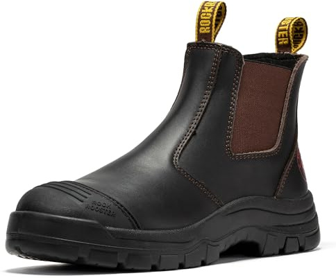 ROCKROOSTER Bakken - 6 inch Steel Toe Anti-fatigue Leather Slip On Safety Work Boots for Men AK229-09.5 (EH Rated Rubber Outsole, Dark Brown)
