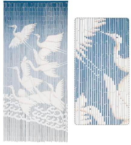 TTM BAMBOO White Stork Wooden Beaded Curtain for Doorways (79 x 36) – Handmade 90 Strings Wooden Door Beads, Beaded Door Curtain for Privacy, Boho Room Divider Decor, Decorative Hanging