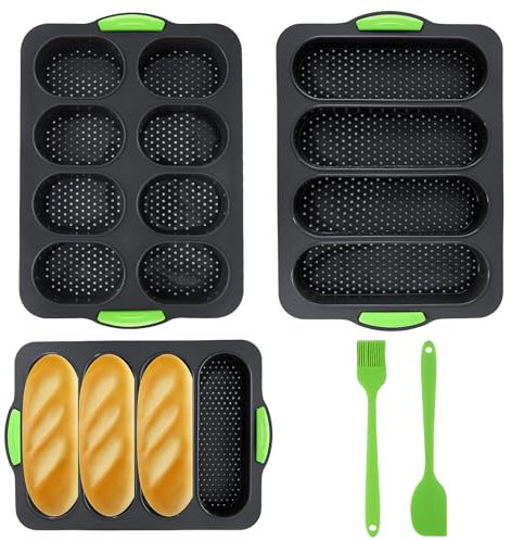 LUCKNIGHT Teglia Da Forno Per Baguette, Stampo per Baguette Silicone Stampo Baguette Baguette Teglia da Forno Stampo per Pane Francese Con 4, 8 Fessure, Spatola e Pennello A Olio, 2 Pezzi