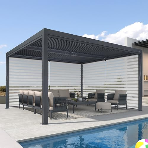 PURPLE LEAF Pergola 3.65 x 4.25 m Seitenvorhänge Entwässerungssystem, Grau | Einstellbare Seitenvorhängen, Abnehmbare Waschbare, Verdecktes Entwässerungssystem, Verstellbaren Alu-Lamellen, Alu-Rahmen