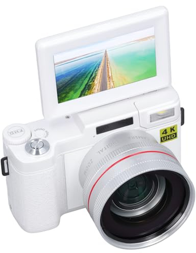 Fotocamera Digitale 4K, Piccola Videocamera Digitale Portatile Anti-vibrazione con Schermo Ribaltabile da 180 Gradi per Esterni (WHITE)