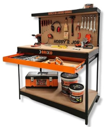 Brixo - Banco da lavoro in legno, con cassetto forato, 120 x 60 x 150 cm