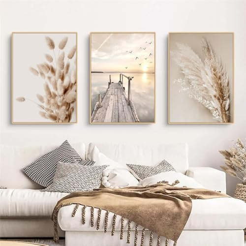 AQCQDQ 3er Premium Poster Set, Beige Boho Pampasgras Bilder, Modern Beige Bilder Wanddeko, Schilf Natur Beige Leinwandbilder für Wohnzimmer Schlafzimmer - Ohne Rahmen (40x50 cm,B)