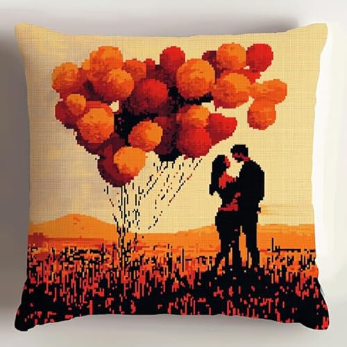 WallustrioaW Scena romantica Kit di Ganci a Chiusura per Cuscino,Palloncino d'amore,DIY Cuscini Artigianali Kit Ricamare Cuscini Federa per Cuscino per Adulti e Principianti,43x43cm