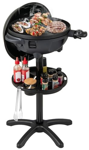 GOPLUS Parrilla Eléctrica 2 en 1 con Temperatura Ajustable | Horno de Barbacoa con Pie, Placa Antiadherente de 2 Zonas, Estante para Condimentos y Bandeja para Grasas