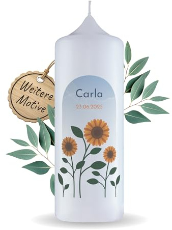 Personalisierte Stumpenkerze Sonnenblume I Taufkerze Mädchen 20 cm mit Name&Datum I Handgemachte Kerze I Erinnerungskerze I Personalisiertes Taufgeschenk I Lange Brenndauer I Engels Kerzen