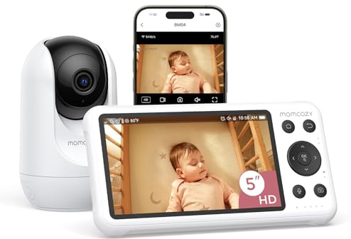 Momcozy Smart WiFi Baby Monitor with Camera and Audio, 5 1080P Screen with Wall Mount, Motion & Cry Detection, Safe Fence, Clear Night Vision, 5000mAh Battery, 2-Way Talk, Photo & Video Recording