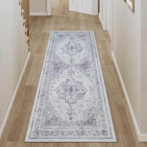 HUGEAR Blau Vintage Teppich Läufer Flur 60x180cm Waschbar | Waschbarer Teppich, Rutschfest Weich, Kurzflor Retro, für Vorzimmer, Schlafzimmer Küche, Brücken Hallway, Carpet