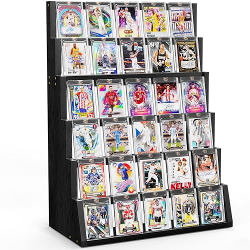 Emfogoo Caja de exhibición para cartas coleccionables, Soporte de madera de 6 niveles para cartas coleccionables, Soporte para cartas de béisbol con portacartas y compartimentos ajustables para