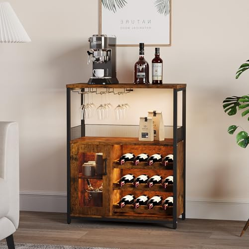 Wine Bar Cabinet Wine Rack, Industrial Bar Cabinet with LED Light, Adjustable Shelf, 1 Baffle Door, Vintage Wooden Sideboard for Kitchen, Dining Room, Living Room, Rustic Brown