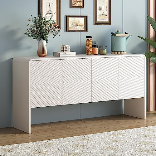 BTM Minimalistischer Stil Großer Stauraum Sideboard mit 4 Türen und Rückstoßvorrichtung für Wohnzimmer und Eingangsbereich (Weiß)