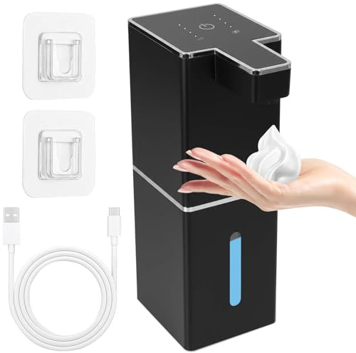 Seifenspender Automatisch, Wandbefestigung Berührungslos ohne Bohren, 380ml Elektrischer Seifenspender mit Sensor Infrarot, USB Wiederaufladbar Schaumseifenspender für Bad Toilette Küche (Schwarz)