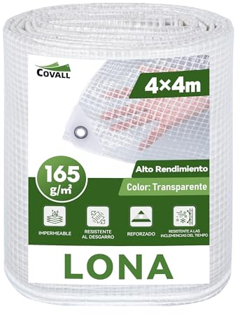 COVALL Bâche Transparente Extérieur 4x4m Dimensions Finies, avec Oeillets, Haute Résistance 165 g/m² Armée, Imperméable, Idéale pour Serre, Jardin, Poulailler et Protection Balcon Contre la Pluie