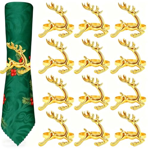 Set of 12 Reindeer Christmas Napkin Rings, Gold Christmas Table Decorations - Xmas Napkin Rings for Tableware, Thanksgiving, Wedding Dining Decor (Gold, 12Pcs)