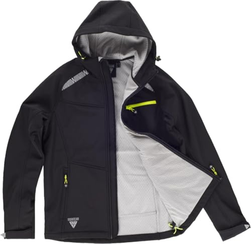 WORKTEAM Chaqueta Softshell, Cortavientos Transpirable y Repelente al Agua, Interior Polar Térmico, Capucha Ajustable y Detalles Reflectantes. Unisex Negro-M