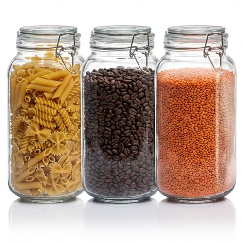 GREENSAPPIRE Airtight Glass Storage Jars with Lids Set of 3 - Large Kitchen Storage Container Rectangle Preserving Jar for Pickling Jam Pasta Dry Foods (2300ml)