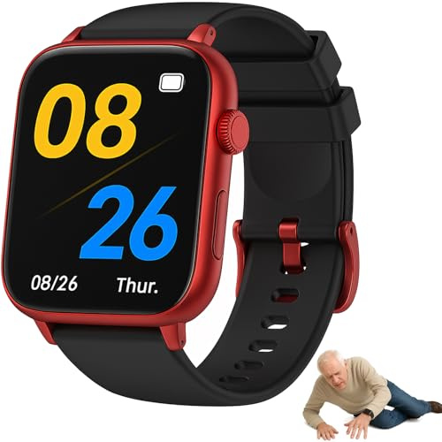 PEIKVOUL 4G Senioren Smartwatch mit SOS-Knopf, Sturzerkennung, GPS-Ortung, 2-Wege-Anruf, IP67 Wasserdicht, 1,83 Zoll Großes Display, Nano-SIM,Rot