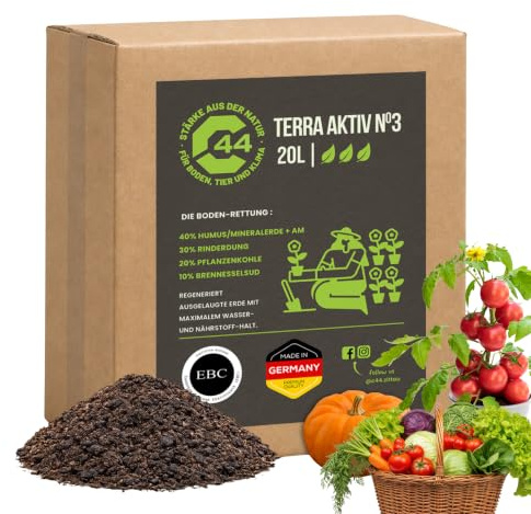 20L Terra Aktiv No.3 Pflanzenkohle - Stickstoffdünger Bio & Blattgrün-Verstärker – Stoppt gelbe Blätter & Chlorose – Wachstumsdünger für Rasen, Buchsbaum & Grünpflanzen Bodenaktivator | C44-Zittau
