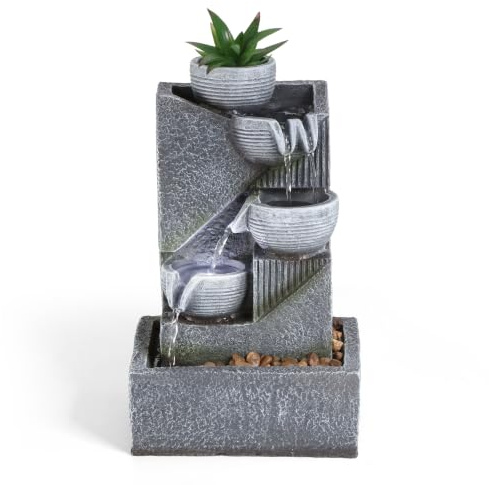 Dyna-Living Zimmerbrunnen Tischbrunnen mit Rollender Kugel | Schlichter Tisch,Wasserfall Brunnen fürs Wohnzimmer aus Harz, mit Weißen LEDs und Abnehmbarer Pflanzendekoration, Hellgrau