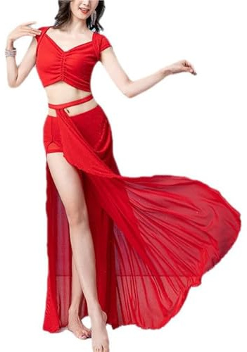 ERHTGUO Dam magdans topp delad kjol set vuxen elegant övningskläder kostym magdans scenprestanda danskläder outfit, Röd, M