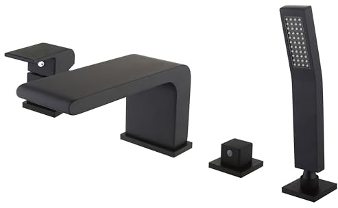 Bernstein Wannenrandarmatur 6080B – 4-Loch-Badewannenarmatur Schwarz, Wasserfall-Design, Einhebelmischer, massive Messing-Ausführung, Fliesenrandmontage, Handbrause mit Anti-Kalk-Noppen, 1,5m Schlauch