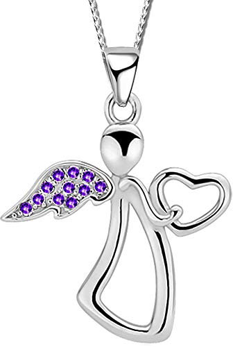 Frauen Engel Halskette mit Anhänger aus echt 925 Sterling Silber mit Zirkonia Schutzengel Damen lange Kette K800 Lila + Organzabeutel 50cm