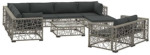 10-delige Loungeset met kussens poly rattan grijs