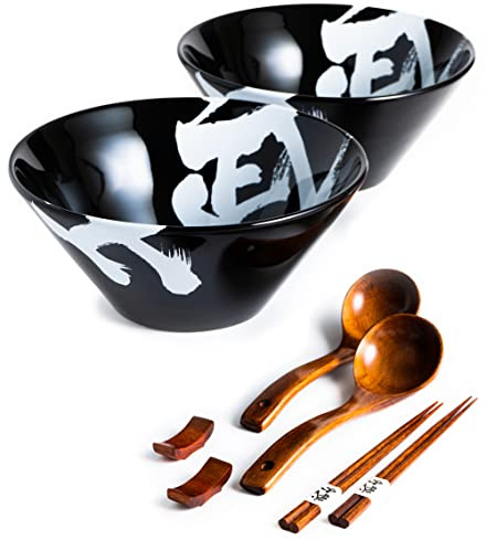 BICETTO Japanische Ramen Schüssel Set 6 oz große Ramenschalen mit Essstäbchen, Löffel und Essstäbchenablage - Schale für Ramen, Pho, Suppe, Udon - Minimalistisches Design - Premium Qualität - Schwarz