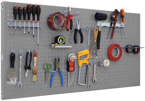 SimonRack Werkzeugwand, 25 teiliges Hakenset, 120x40x3,5 cm, Metall-Lochwand, Halterungen, Montagematerial, Grau - Simonwork | Enthält 22 Zubehörteile, Korrosionsschutzlackierung, ∅ 5 mm, Klicksystem-Montage, Grau