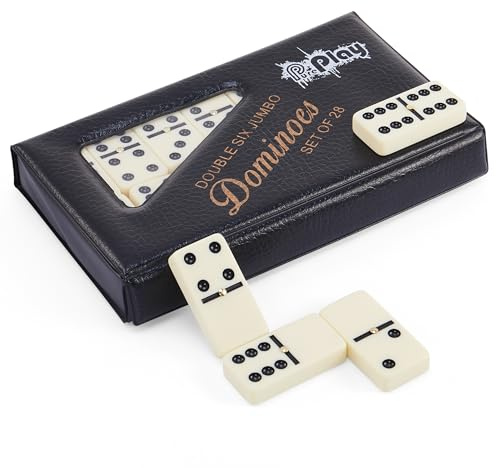 PUREPLAY Jumbo Classic Dominoes Double 6 Game Set，Ivory 28pcs Domino Set in Poatable PVC Case-Family Nights,Party Favors,Travel and Anytime Use,2-4 Players