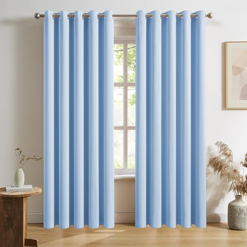 DUALIFE Extra Long 120 Inch Length Curtains for Patio Door Nursery Sky Blue Soild Room Darkening Drapes Grommet Top Blackout Curtains Panels 60 inches Wide 2 Pieces Cerulean